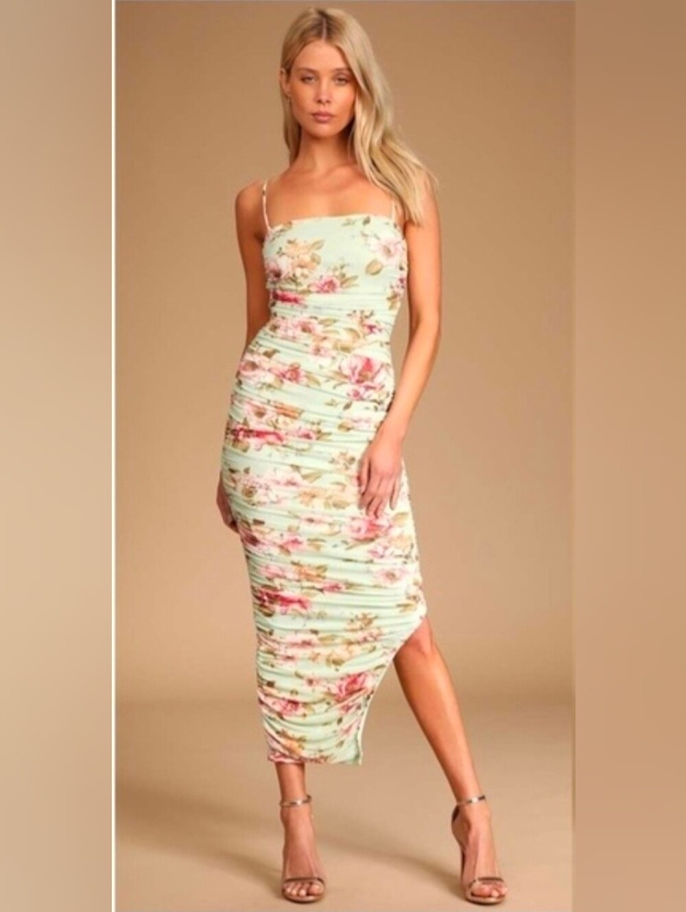 LULUS Floral Stun And Only Dress Ruched Bodycon Midi Dress